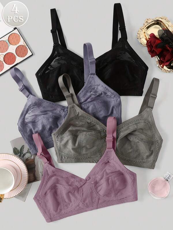 4 peças/Conjunto Sutiãs Sem Arame de Cobertura Total em Renda para Mulheres, Sutiãs Finos Respiráveis e Sexy com Enchimento para Busto Grande
