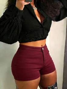 Women's Mid Rise High Stretch Denim Shorts - Light Blue Washed Slim Fit Butt Lifting Hot Pants, American Retro Y2K Style For Daily Wear & Music Festival - Màu Đỏ Sâu - Xem 3