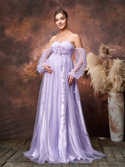 Faeriesty Elegant Maternity Off-Shoulder Long Sleeve Maxi Party Gown For Women | Sheer Mesh & Tulle Fabric , Chest Ruched Detailing For Feminine Dimension, Lace-Up Back Detail With Adjustable Ties For Customized Fit, 3D Floral Appliques Along Hem & Sleeve Edges For Romantic Texture, For Spring Weddings, Mother's Day Celebrations