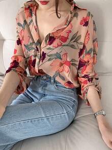 Camisa de mujer Camisa de manga larga con protección solar para mujer, con diseño vanguardista, holgada y elegante, con estampado floral en gasa. - Rosa - Ver 2
