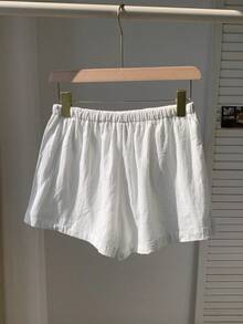 女士休闲白色阔腿短裤，采用时尚系带前襟设计和梭织无弹力面料 - 白色 - 查看 3