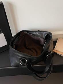 1 Peça Bolsa Tote de Couro PU Retrô de Cor Sólida Feminina, de Grande Capacidade, Estilo Minimalista Europeu e Americano da Moda, Adequada para Ir e Vir, Escritório, Compras, Presente - Preto - Visão 5