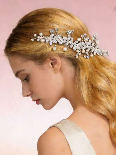 1pc Silver Flower & Leaf Bridal Hair Comb, Fashion Pearl Hair Accessory For Wedding Dress