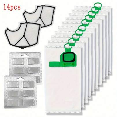 6/7/12/14 pezzi Sacchetti antipolvere adatti per Vorwerk VK140 VK150 FP140, Set da 14 pezzi (10 sacchetti antipolvere + 2 reti filtro motore + 2 cuscinetti profumati), Set da 7 pezzi (5 sacchetti antipolvere + 1 rete filtro motore + 1 cuscinetto profumato)