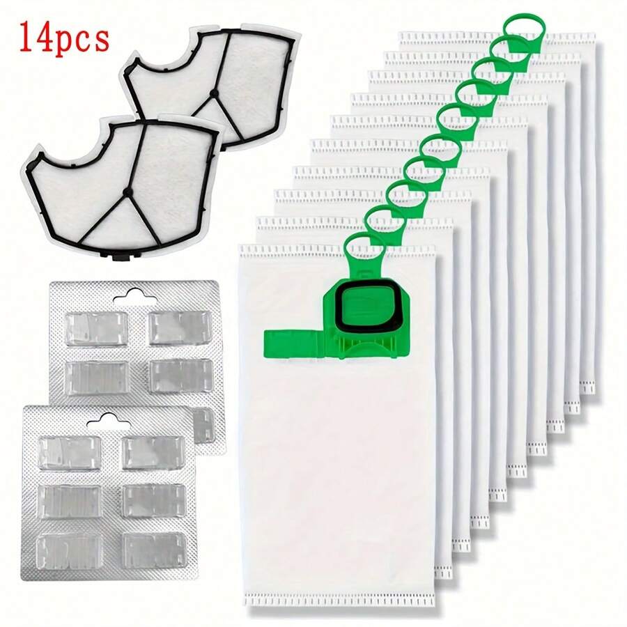 6/7/12/14pcs Dust Bags Suitable For Vorwerk VK140 VK150 FP140, 14pcs Set (10 Dust Bags + 2 Motor Filter Nets + 2 Fragrance Pads), 7pcs Set (5 Dust Bags + 1 Motor Filter Net + 1 Fragrance Pad)
