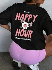 这是我的欢乐时光，请勿打扰，宽松休闲圆领短袖 T 恤，适合健身女孩和普拉提女孩，送给她的绝佳礼物，春夏休闲 T 恤 - 黑色 - 查看 3