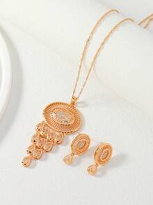 2件套玫瑰金镀层闪亮网状流苏立方氧化锆圆盘项链耳环套装，日常叠戴/斋月礼物之选 - 玫瑰金 - 查看 5