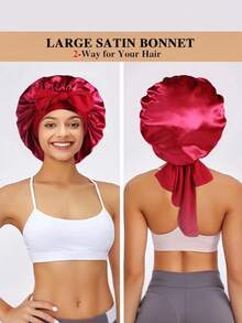 1 chiếc mũ ngủ lụa dành cho nữ, cỡ lớn, có dây thun điều chỉnh được, phù hợp với tóc xoăn hoặc tóc tết. - Nhiều màu - Xem 2