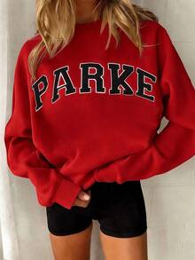 Autumn/Fall And Winter Bestseller 1 Pcs2026 Unisex Casual "PARKE" Letter Print Loose Pullover Sweatshirt, Encountering Lazy Fashion.Casual Daily Wear,Winter Clothes For Women,Clothes,Hoodie,Tops,Spring Break,Long Sleeve Tops Women - 紅色 - 查看 2