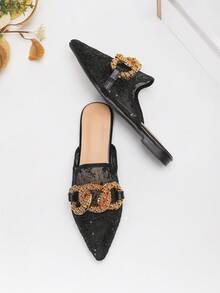 Women's Elegant Black Mesh With Metal Buckle Flat Pointed Toe Mule Slippers (Shoe Upper Pattern Is Random Basic Style) - Black - View 4