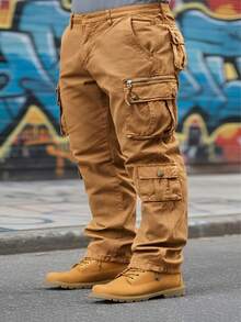 Men's Plus Size Cargo Pants, Pure Cotton Solid Color Washed Utility Work Trousers With Multiple Pockets, Durable Design – Outdoor Hiking, Daily Commute,Casual Campus Looks,Big And Tall - Rượu sâm banh - Xem 1