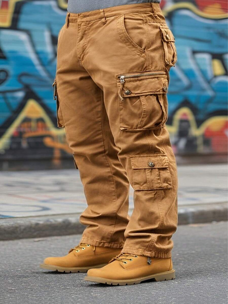 Men's Plus Size Cargo Pants, Pure Cotton Solid Color Washed Utility Work Trousers With Multiple Pockets, Durable Design – Outdoor Hiking, Daily Commute,Casual Campus Looks,Big And Tall - Rượu sâm banh - Xem 1