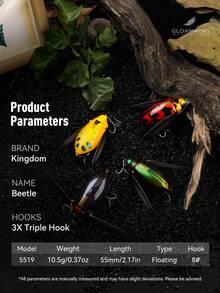 KINGDOM 1PC 高噪音甲虫路亚饵 55mm 10.5g 浮水型钓饵，超远投，仿生鱼饵，仿真设计，精美涂装 - 彩色 - 查看 2