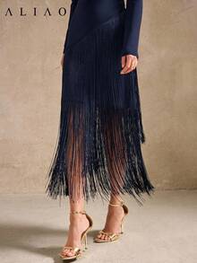 Aliao 春夏流苏高领长袖连衣裙，复古宫廷风优雅派对沙滩裙，藏蓝色，适合正式场合、毕业派对、情人节、海滩装扮 - 藏蓝色 - 查看 3