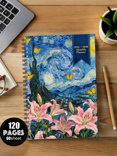 A5 Starry Night Series Notebooks, Starry Night, Lilies, And Butterflies, Workplace Work Logbook, Planning Book,Spiral-Bound, (Portable For University And Office Use),Portable , Perfect For Everyday Notes, Office Supplies, School Supplies, Art Projects And Study Notes, Desk Organizer, The Perfect Choice For Birthday, Christmas, And New Year Gifts 120 Pages, Office Supplies | Artistic Cover | Cover, Notebook,Back To School