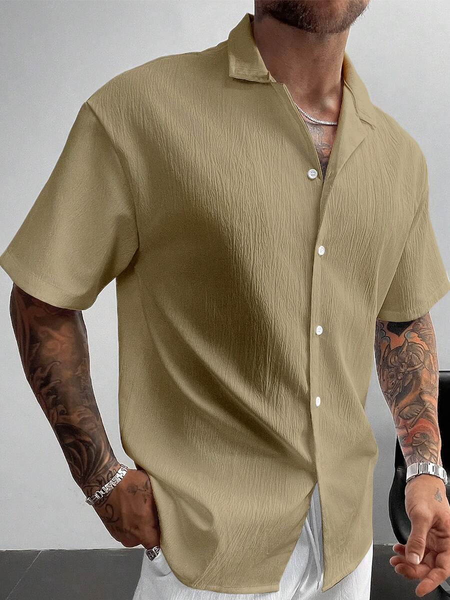 GloMan 复古风男士亚麻短袖衬衫，宽松休闲舒适沙滩衬衫，适合夏季度假，父亲节礼物，白色衬衫 - 卡其色 - 查看 1