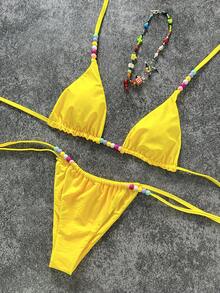 Sexy Yellow Beaded Bikini Set | Must-Have For Valentine's Day Date | Alluring Camisole Top + Playful Swim Bottoms, Decorated With Colorful Accents | Perfect For Beach Vacation And Pool Party - Yellow - View 4