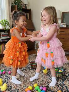 Toddler Girls Easter Tutu Dress Adorable Flying Sleeve Square Neck 3D Carrot Bunny Decorated Tulle Princess Dress - 橘色 - 查看 7