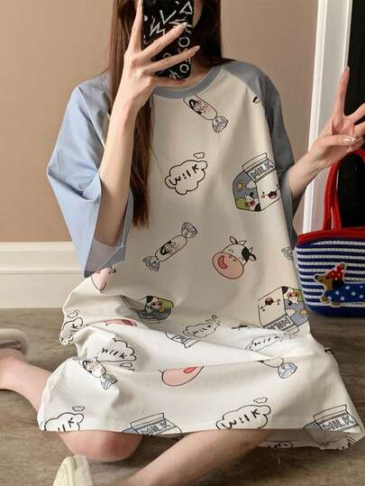 Camisón de mujer de manga de murciélago con estampado de vaca para el verano, ropa de estar en casa de manga corta con contraste de azul y blanco