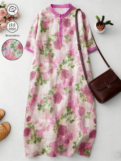 Casual Floral Print Short Sleeve Polo Collar Long Shirt Dress, Elegant & Comfortable For Spring/Summer
