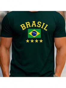 Men's T-Shirt Brazil National Team Retro Tetra Shirt 100% Cotton New Release Basic Brazil Casual World Cup - 軍綠色 - 查看 2
