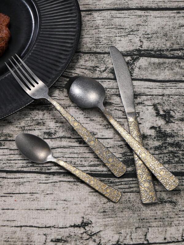4pcs Stainless Steel Vintage Patterned Knife, Fork And Spoon Set, Hotel Western Steak Cutlery And Dessert Spoon