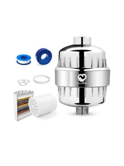 Coralblue 18-20 Stage Shower Filter - Shower Head Filter For Hard Water Filter Is Anti Hair Fall Ideal To Remove Chlorine - Impurities From Water With KDF And Calcium Sulphite Beans (Single Cartridge)