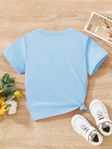 Short-Sleeved T-Shirt For Boys With A Cartoon Lion Print, Crew Neck, Made Of Soft Knit Fabric, Ideal For Spring, Summer And Autumn, Perfect For A Fun And Comfortable Look. - 藍色 - 查看 2