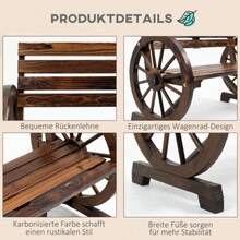 Two-Seater Garden Bench In Brown Fir Wood, Country Style, With Wagon Wheel Shaped Armrests. Dimensions: 105.5 X 56 X 79 Cm. - Camel - View 5