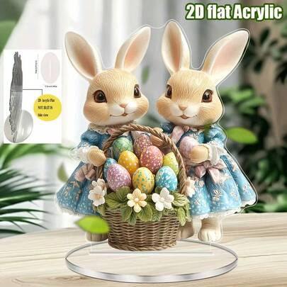 1 Piece Of 2D Flat Easter Rabbit Decoration With A Colorful Egg Basket For Home Desktop Decorative Items.