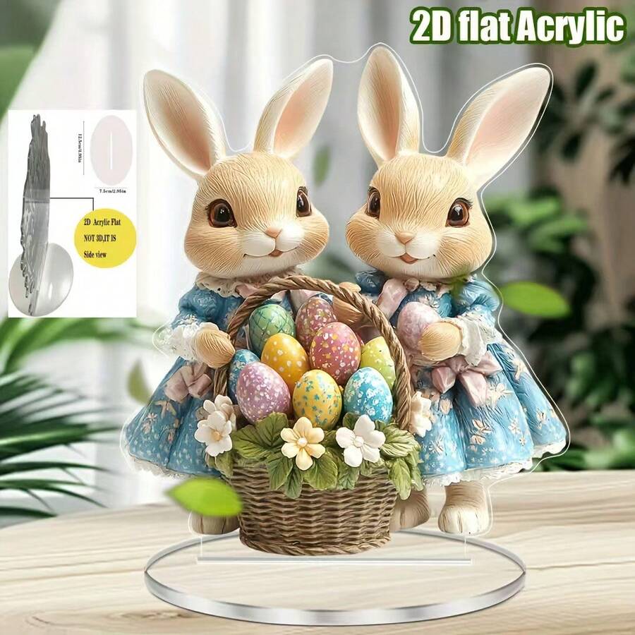 1 Piece Of 2D Flat Easter Rabbit Decoration With A Colorful Egg Basket For Home Desktop Decorative Items. - 1PC - View 1