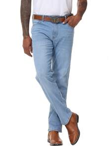 Men's Regular Fit Stretch Jeans Straight-Leg Vintage Washed Casual Denim Pants Comfort Classic Urban Streetwear - 淺色水洗藍 - 查看 5