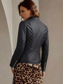 Giolshon 女士时尚 PU 皮革摩托车夹克 - 休闲街头风夹克，适合春秋季穿着 - 黑色 - 查看 3