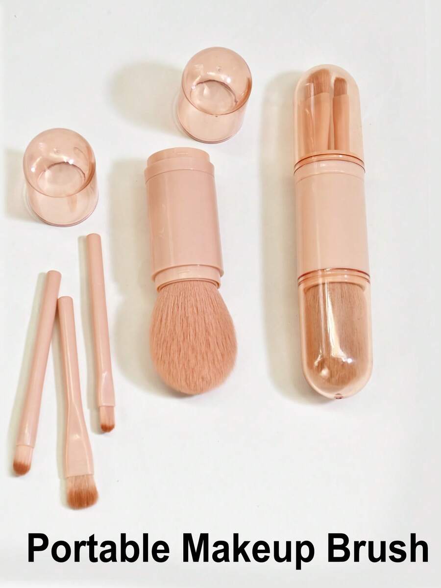 YZIMENG 4pcs 4 In 1 Makeup Brush Kit, Facial Highlight Brushes, Mini Eye Eyeshadow Brush, Retractable Handle Makeup Brush, Portable Travel Mini Loose Powder Brush, Women Cosmetics Makeup Brush Tools - Pink - View 1