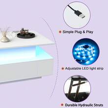 35.4-Inch Modern Lift-Top Coffee Table With LED Lights - Heavy-Duty MDF Material, Height Adjustable (Max 23.6 Inches), Large Storage Drawer & Open Shelf, High-Gloss Black Finish, Wireless Operation, Easy To Assemble - Suitable For Living Room & Home Office - 白色 - 查看 3