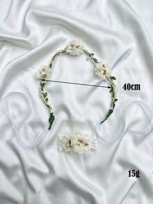 2件套米色网纱玫瑰花冠+花朵手链套装，适合女孩和女士，可用于婚礼、新娘、派对、拍照道具、周年纪念、情人节礼物、亲子装。 - 米色 - 查看 7