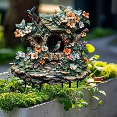 Decorative Acrylic Garden Sign With Bird House Statue - Waterproof Outdoor Bonsai Decoration For Yard, Terrace, And Party - Perfect Housewarming Gift (1 Set), Bird Sings