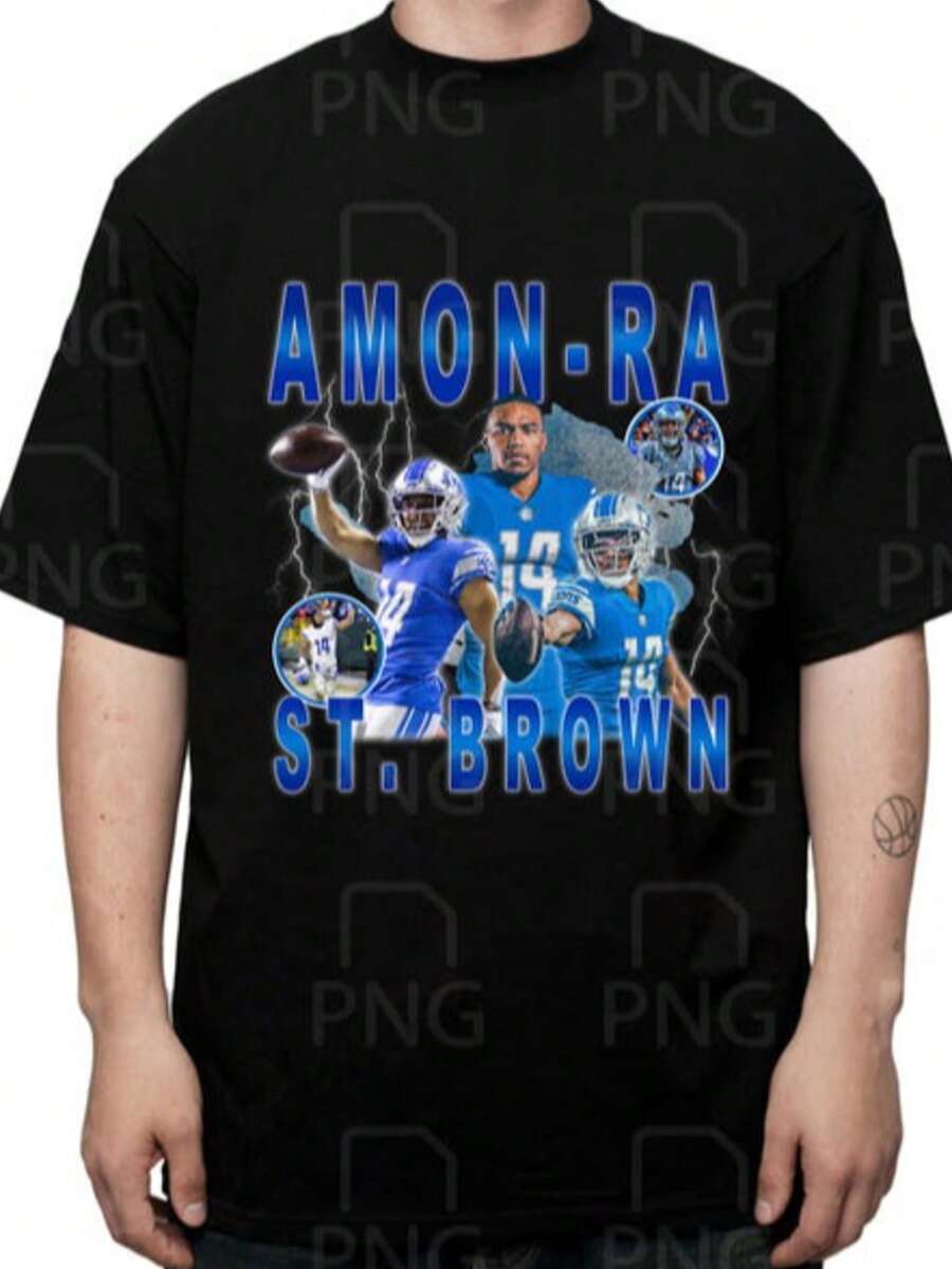 Amon-Ra St. Brown T Shirt Design. PNG Digital 4500x5100 Px. Hiphop Retro, 90s Vintage, Bootleg Tee. - Black - View 1