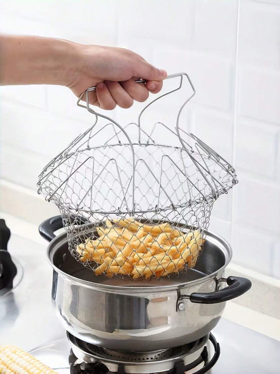 1pc Stainless Steel Frying Basket, Collapsible Home Frying Basket, Multi-Function Kitchen Strainer Basket