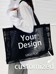 Customized Mesh Tote Bag And Cosmetic Bag Set, DIY Custom Text/Image, Your Exclusive Personalized Design (Name, Logo, Text), Foldable Large Capacity Women's Bag, Multifunctional Travel Portable Bag - Multicolor - View 5