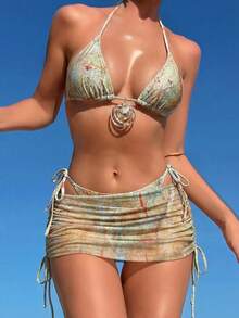 2026款三件套女士泳装：露背性感挂脖比基尼上衣、可调节侧系带三角比基尼泳裤、印花网纱纱笼裙，适合度假、户外、海滩穿着 - 淺綠色 - 查看 11