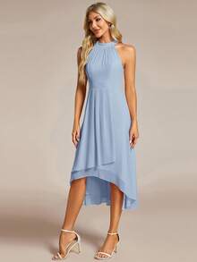 EVERPRETTY 优雅荷叶边露背高低摆雪纺浅蓝色伴娘礼服，中长款，适合婚礼、派对、正式场合，春季 - 淺藍色 - 查看 5