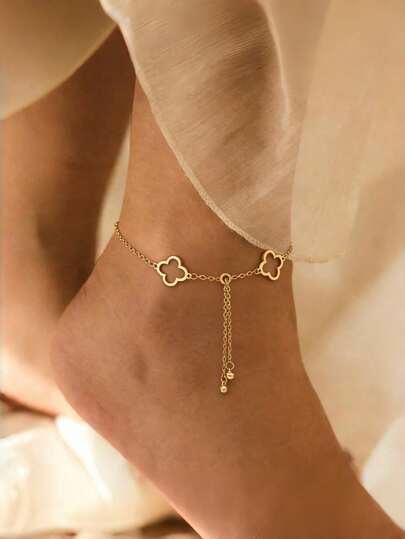 1 pieza Tobillera con cadena de trébol de cuatro hojas hueco, joyería elegante y versátil para vacaciones