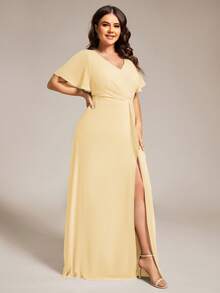 EVERPRETTY Plus Size Butterfly Sleeve V-Neck Ruched High Slit Yellow Bridesmaid Dress, Suitable For Weddings, Parties, Spring/Summer Wedding Guest Formal Attire, Mother Of The Bride/Groom Dress Party - Yellow - View 6