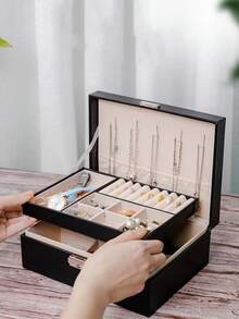 1 Peça Caixa de Armazenamento de Brincos em Couro PU à Prova d'Água, Organizador de Joias Portátil de Camada Dupla para Anéis, Brincos, Colares, Pulseiras, Caixa Protetora de Joias à Prova de Poeira e Oxidação, Presente para Namorada, Mãe, Volta às Aulas - Multicolorido - Visão 1