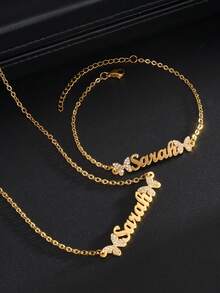 1set Personalized Customized Butterfly Zirconia Jewelry Set, Bracelet+Necklace Set, Butterfly Zirconia Inlay, Stainless Steel Customized Jewelry Set, Comes With Gift Box As Valentine's Day, Mother's Day, Ramadan Gift - Gold - View 5