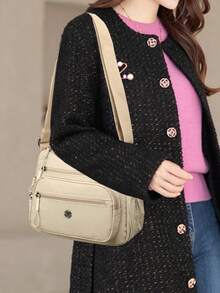 Bolso de hombro de nailon casual con correa ajustable, multicompartimento, unicolor, cierre con cremallera, forro de poliéster, bolso cruzado ligero y conveniente para uso diario - Caqui - Ver 2