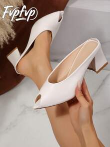 FVPFVP 2025春夏新款尖头粗跟套脚凉鞋，户外百搭时尚女鞋 - 米色 - 查看 1