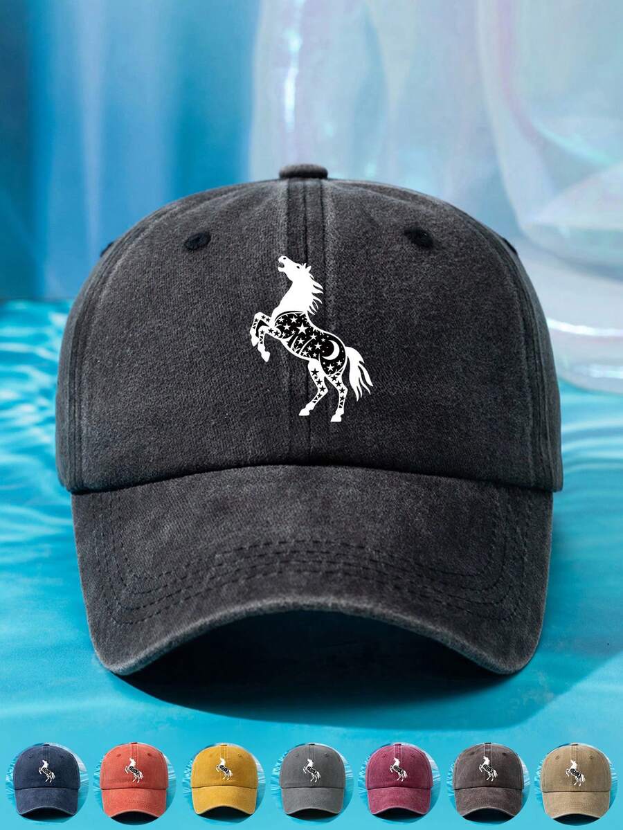 1 pieza Gorra de béisbol ajustable con estampado de estrella negra, luna y caballo para mujer, de estilo casual y desgastado, adecuada para uso diario, viajes, playa, fiestas, pesca, como regalo - Caballo Estrella Luna - Ver 1