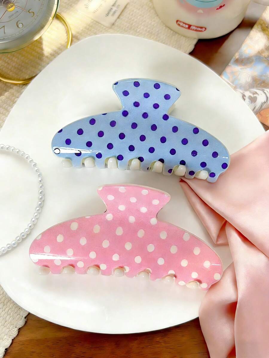 2个/1个 女士 4.53英寸/11厘米 粉蓝波点贝壳发爪夹，时尚鲨鱼齿发饰，优雅简约纯色发夹，适合日常、休闲、派对、海滩、度假、发型设计、洗发、化妆、服装配饰，秋冬春夏皆宜 - 彩色 - 查看 1